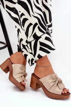 Klapki Damskie Na Słupku Z Eko Skóry Beżowe Kikilla