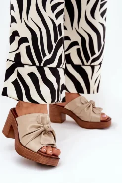 Klapki Damskie Na Słupku Z Eko Skóry Beżowe Kikilla