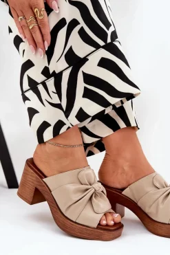 Klapki Damskie Na Słupku Z Eko Skóry Beżowe Kikilla