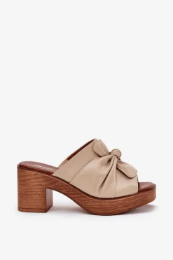 Klapki Damskie Na Słupku Z Eko Skóry Beżowe Kikilla