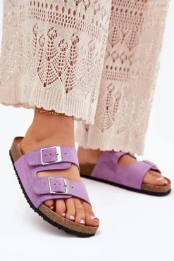 Klapki Damskie Na Korkowej Platformie Klamry Fioletowe Evisolla