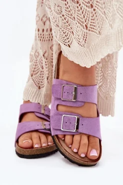 Klapki Damskie Na Korkowej Platformie Klamry Fioletowe Evisolla