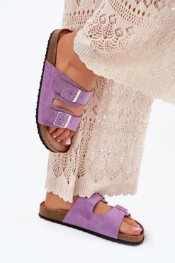 Klapki Damskie Na Korkowej Platformie Klamry Fioletowe Evisolla