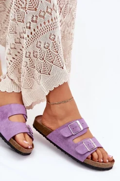 Klapki Damskie Na Korkowej Platformie Klamry Fioletowe Evisolla