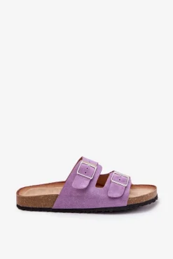 Klapki Damskie Na Korkowej Platformie Klamry Fioletowe Evisolla