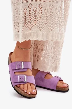 Klapki Damskie Na Korkowej Platformie Klamry Fioletowe Evisolla