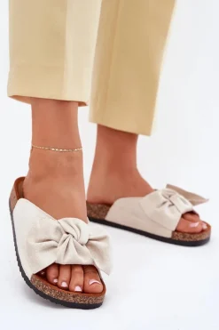 Klapki Damskie Na Korkowej Podeszwie Kokardką Beżowe Seressa