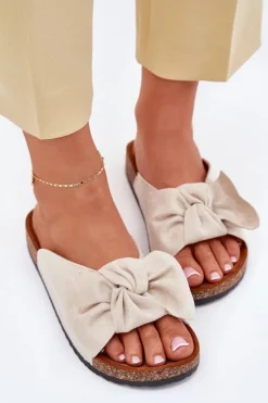 Klapki Damskie Na Korkowej Podeszwie Kokardką Beżowe Seressa