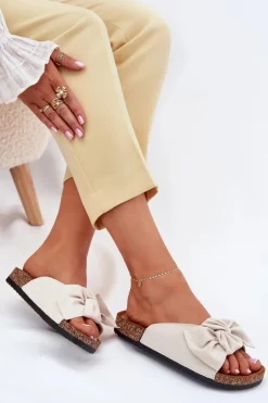 Klapki Damskie Na Korkowej Podeszwie Kokardką Beżowe Seressa