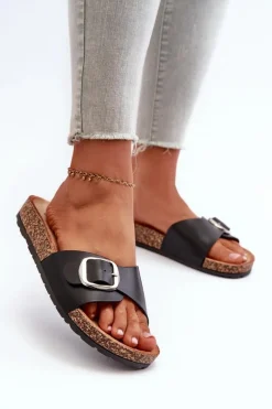 Klapki Damskie Na Korkowej Platformie Z Klamrą Czarne Moaxi