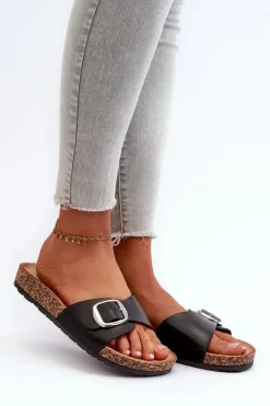 Klapki Damskie Na Korkowej Platformie Z Klamrą Czarne Moaxi