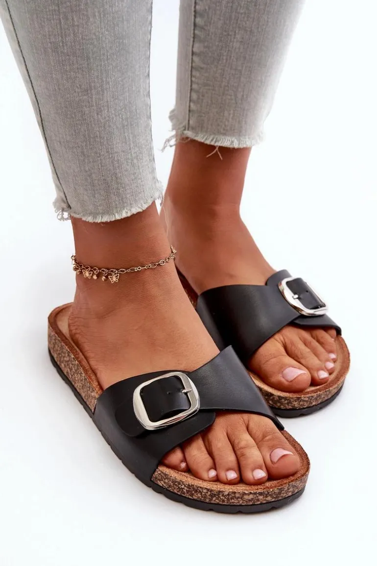 Klapki Damskie Na Korkowej Platformie Z Klamrą Czarne Moaxi