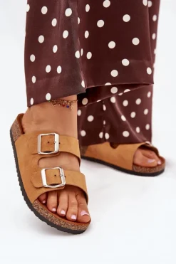 Klapki Damskie Na Korkowej Platformie Z Klamrami Camel Livara