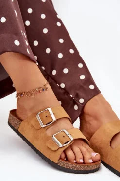 Klapki Damskie Na Korkowej Platformie Z Klamrami Camel Livara