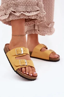 Klapki Damskie Na Korkowej Platformie Klamry Żółte Evisolla