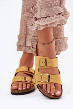 Klapki Damskie Na Korkowej Platformie Klamry Żółte Evisolla