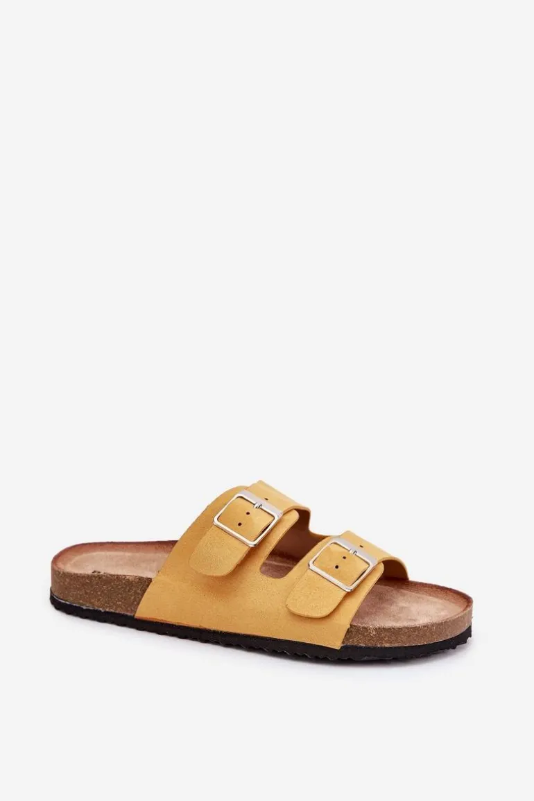 Klapki Damskie Na Korkowej Platformie Klamry Żółte Evisolla