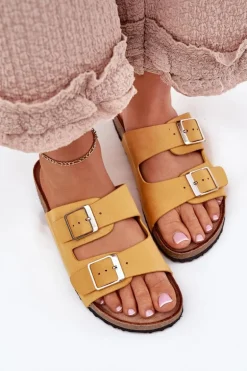 Klapki Damskie Na Korkowej Platformie Klamry Żółte Evisolla