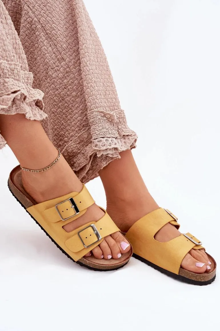 Klapki Damskie Na Korkowej Platformie Klamry Żółte Evisolla