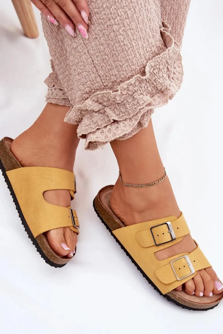 Klapki Damskie Na Korkowej Platformie Klamry Żółte Evisolla