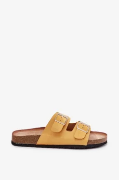 Klapki Damskie Na Korkowej Platformie Klamry Żółte Evisolla