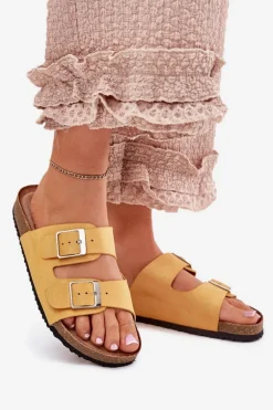 Klapki Damskie Na Korkowej Platformie Klamry Żółte Evisolla