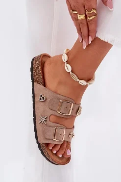 Klapki Damskie Na Korkowej Podeszwie Z Klamrami I Przypinkami Khaki Efadelis