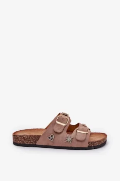 Klapki Damskie Na Korkowej Podeszwie Z Klamrami I Przypinkami Khaki Efadelis