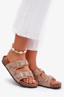 Klapki Damskie Na Korkowej Podeszwie Z Klamrami I Przypinkami Khaki Efadelis