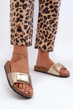 Klapki Damskie Na Korkowej Platformie Z Ozdobą Złote Elleriome