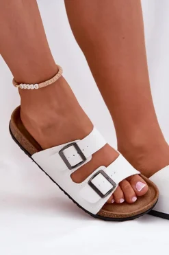 Klapki Damskie Na Korkowej Platformie Z Klamrami Białe Redore