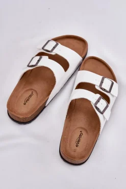 Klapki Damskie Na Korkowej Platformie Z Klamrami Białe Redore