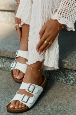 Klapki Damskie Na Korkowej Platformie Z Klamrami Białe Redore