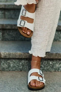 Klapki Damskie Na Korkowej Platformie Z Klamrami Białe Redore