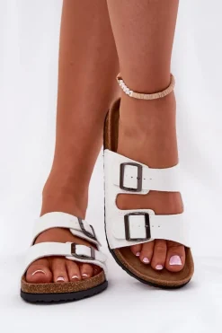 Klapki Damskie Na Korkowej Platformie Z Klamrami Białe Redore