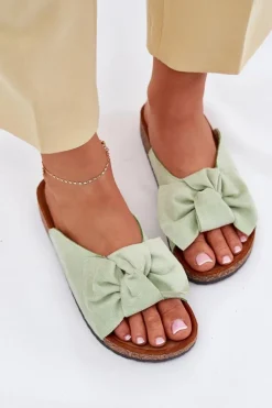 Klapki Damskie Na Korkowej Podeszwie Kokardką Miętowe Seressa