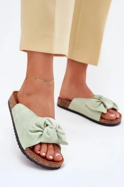 Klapki Damskie Na Korkowej Podeszwie Kokardką Miętowe Seressa