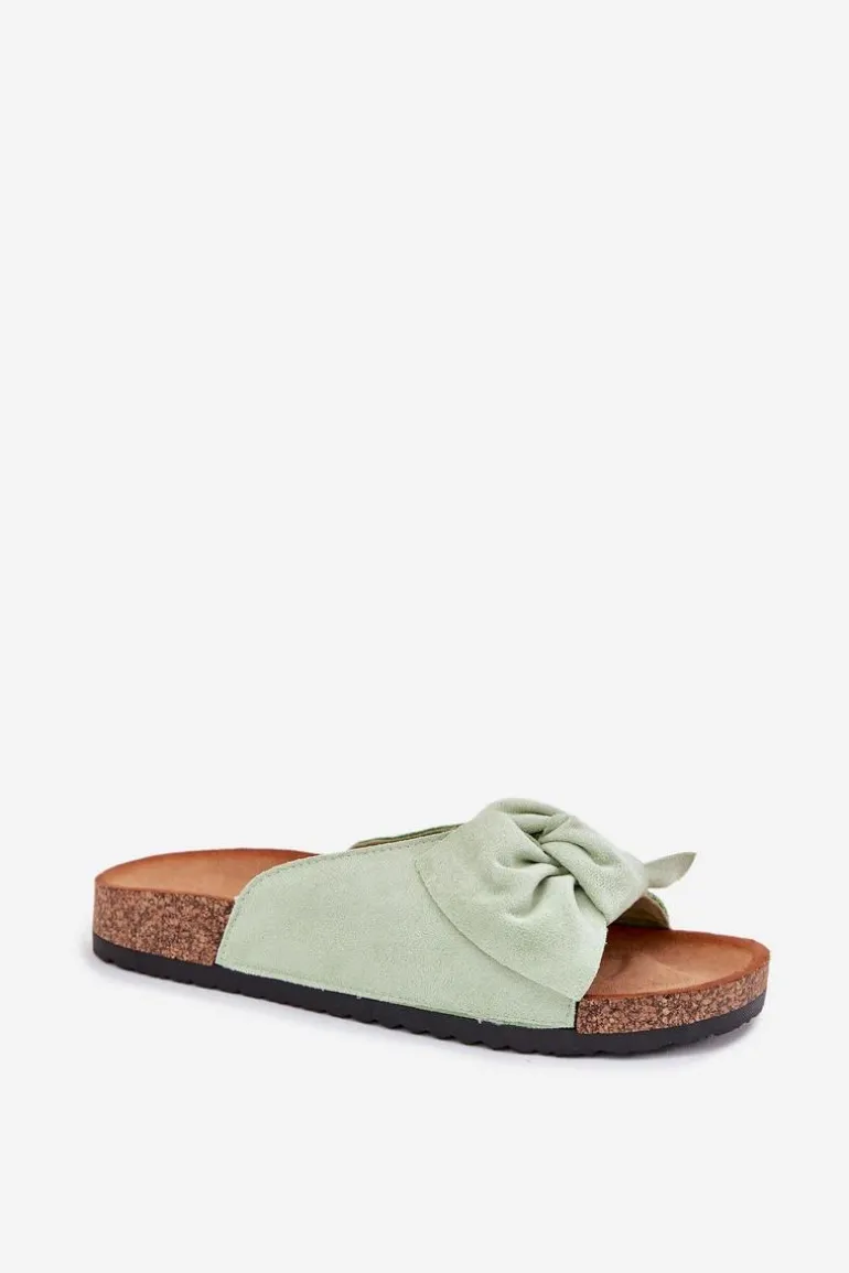 Klapki Damskie Na Korkowej Podeszwie Kokardką Miętowe Seressa