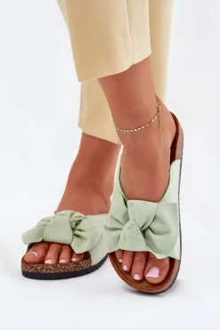 Klapki Damskie Na Korkowej Podeszwie Kokardką Miętowe Seressa