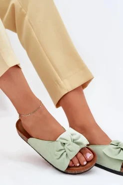 Klapki Damskie Na Korkowej Podeszwie Kokardką Miętowe Seressa