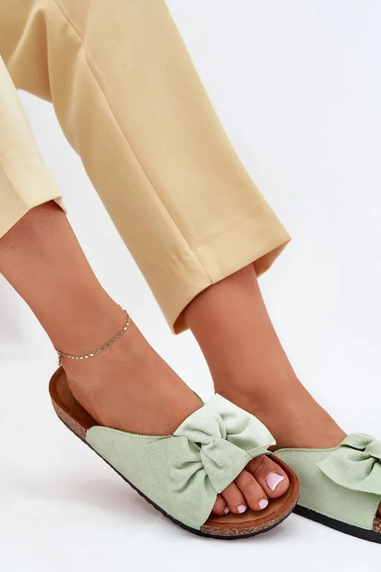 Klapki Damskie Na Korkowej Podeszwie Kokardką Miętowe Seressa