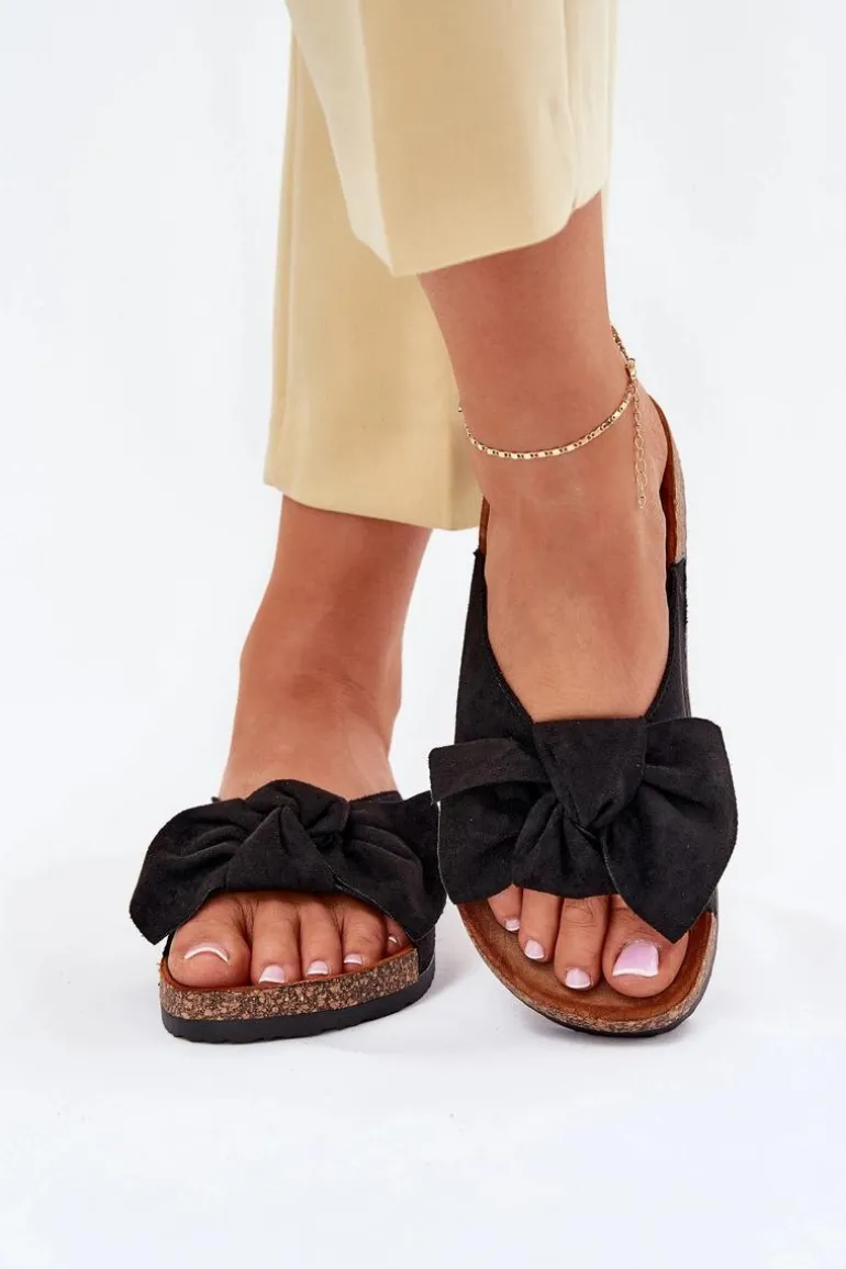 Klapki Damskie Na Korkowej Podeszwie Kokardką Czarne Seressa