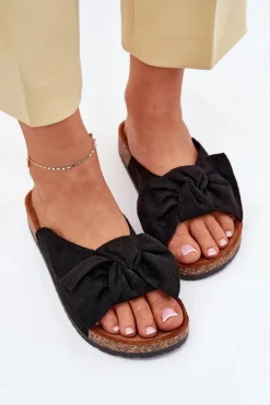 Klapki Damskie Na Korkowej Podeszwie Kokardką Czarne Seressa