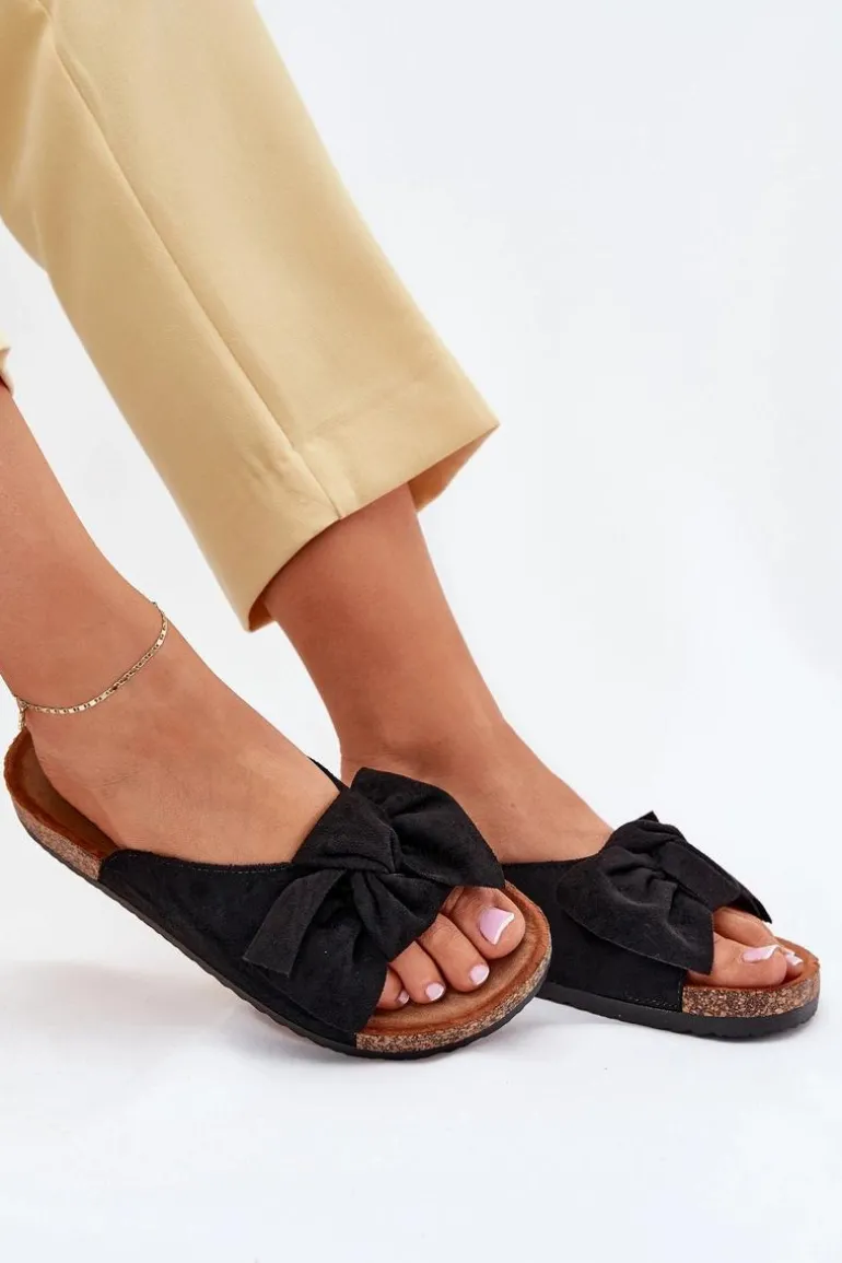 Klapki Damskie Na Korkowej Podeszwie Kokardką Czarne Seressa