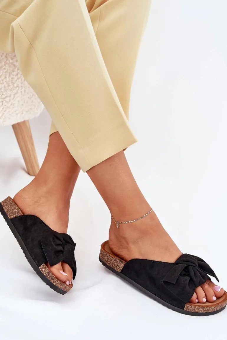 Klapki Damskie Na Korkowej Podeszwie Kokardką Czarne Seressa