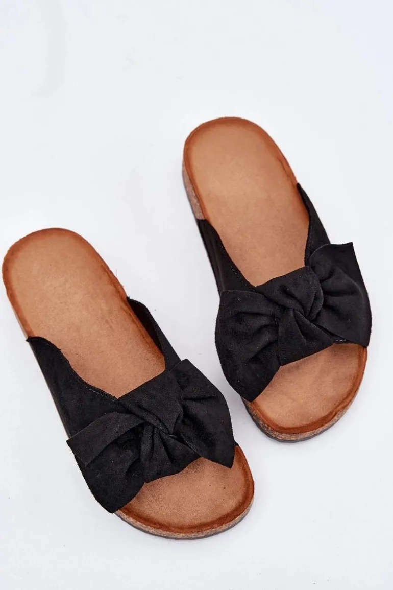 Klapki Damskie Na Korkowej Podeszwie Kokardką Czarne Seressa