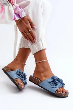 Klapki Damskie Na Korkowej Platformie Z Eko Zamszu Niebieskie Jaihini