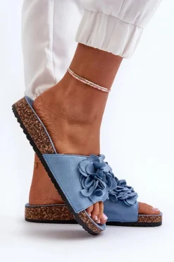 Klapki Damskie Na Korkowej Platformie Z Eko Zamszu Niebieskie Jaihini