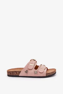 Klapki Damskie Na Korkowej Podeszwie Z Klamrami I Przypinkami Jasnoróżowe Efadelis