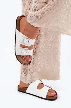 Klapki Damskie Na Korkowej Platformie Klamry Białe Evisolla